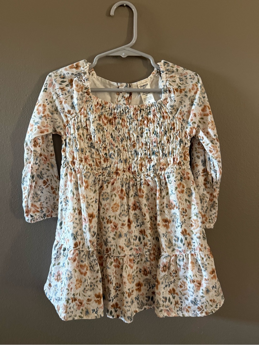 OshKosh B'gosh Cream Floral Smocked Long-Sleeve Dress with Rust and Sage Accents